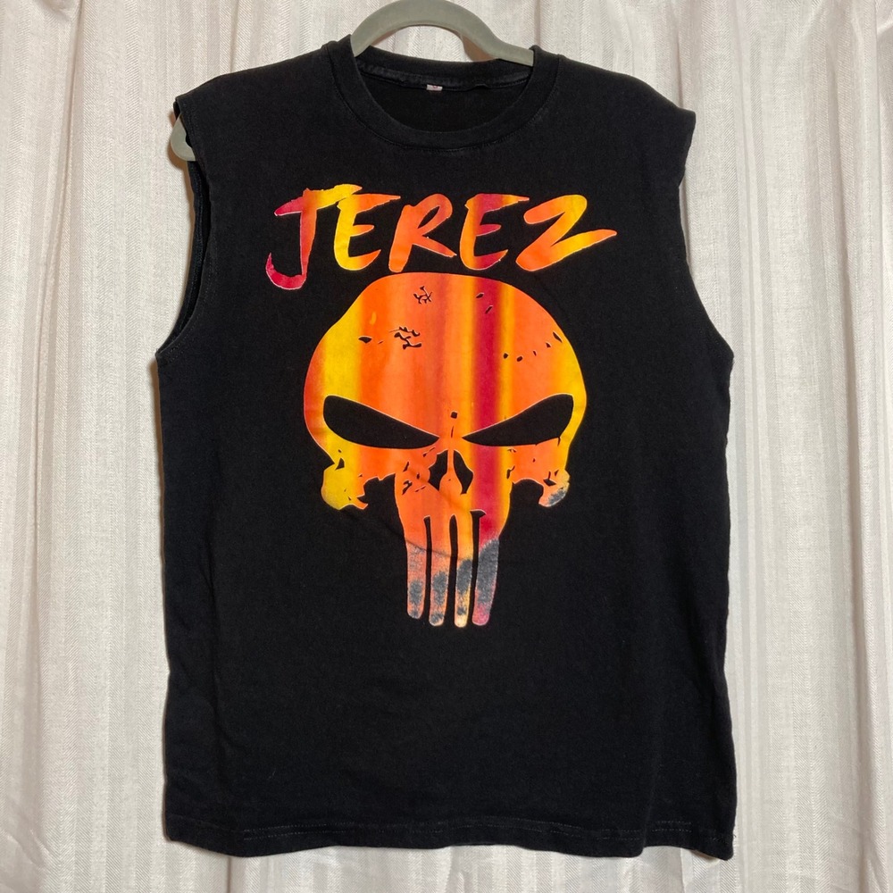 Jerez Skull Graphic Sleeveless T Shirt Mens M Black Biker Punk Muscle Tee Orange